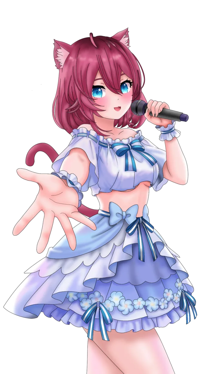 Yuky cantando con micrófono y vestido azul y blanco de volantes