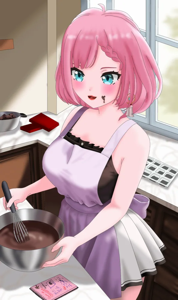 Yuky cocinando chocolate en la cocina con delantal lila