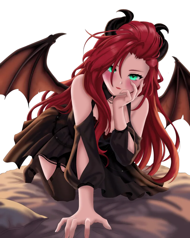 Yuky en versión demonio con cuernos y alas, pelo rojo