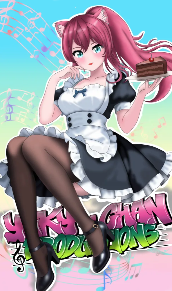 Yuky de camarera con un trozo de tarta, notas musicales y el logo de Yuky Chan Productions