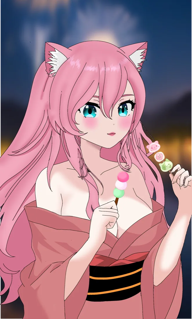 Yuky con kimono rosa y un palito de dango