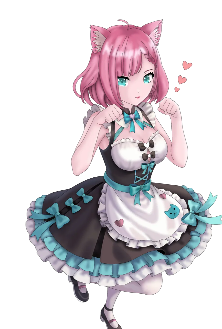Yuky con vestido de camarera, posando como una gatita con corazones alrededor
