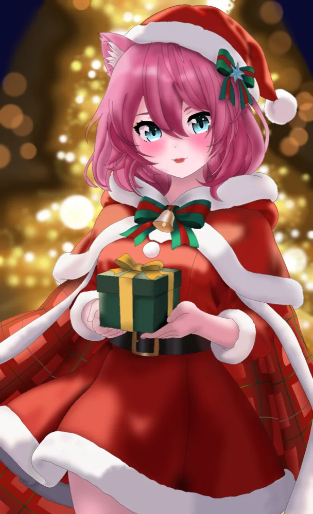 Yuky vestida de Navidad con un regalo y luces doradas