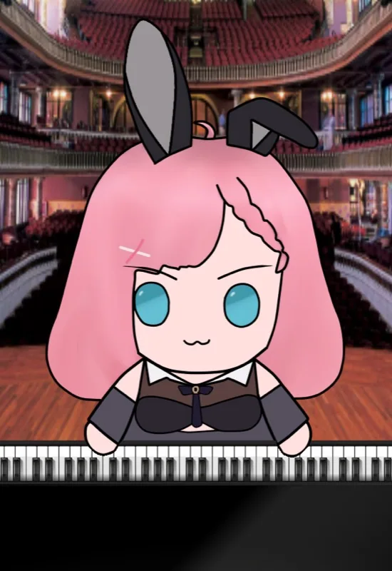 Yuky en versión peluche con orejas de conejo tocando el piano en una sala de conciertos