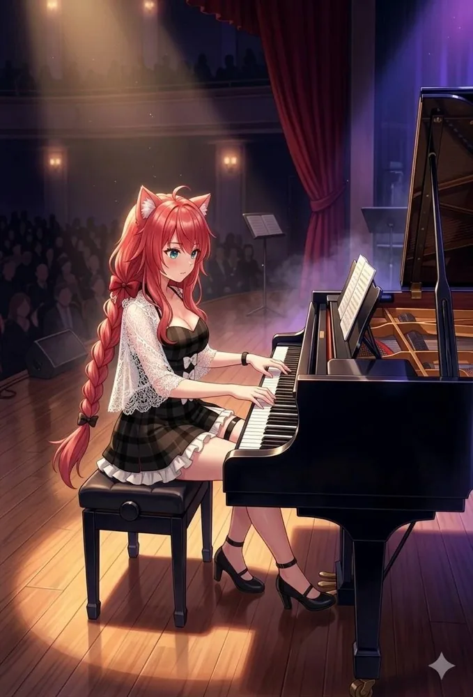 Yuky, avatar de pelo rosa y orejas de gatita, tocando un piano de cola bajo los focos de un escenario
