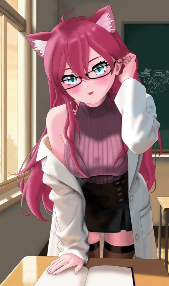 Yuky con gafas y bata en clase