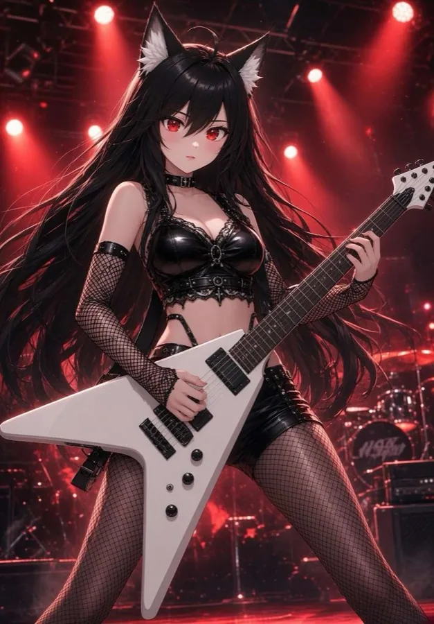 Yuky de pelo negro con una guitarra eléctrica en un concierto de rock