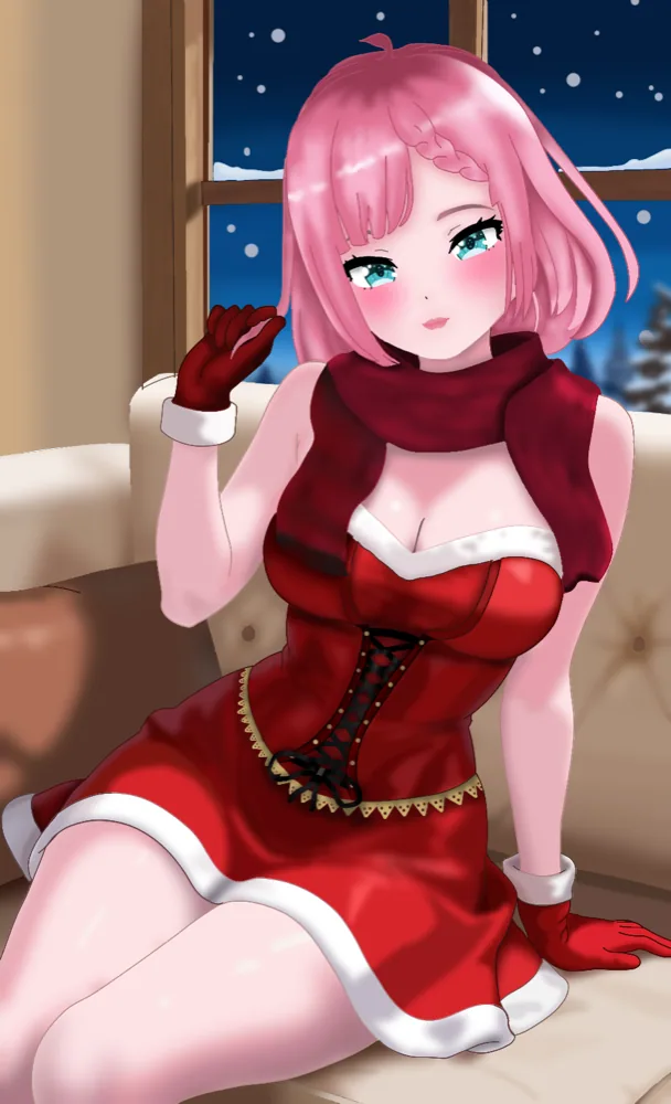 Yuky en el sofá con vestido y guantes de Navidad